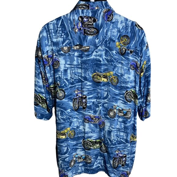 Vintage 90s Hawaiian Motorcycle Shirt XXL Blue Buttons Pocket Camp Short Sleeves - Picture 4 of 6